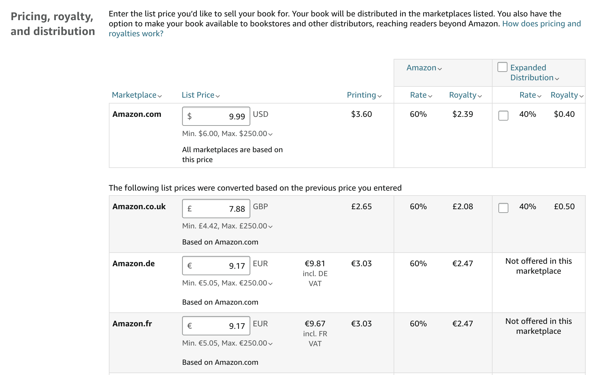 kindle direct publishing pricing and royalties